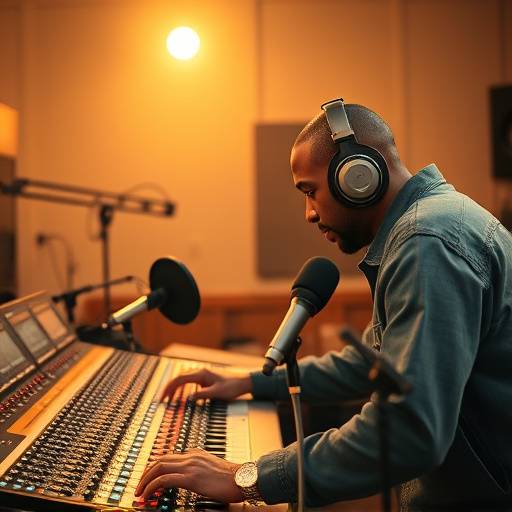 Audio engineer working in a recording studio with professional microphones, for audio recording services.