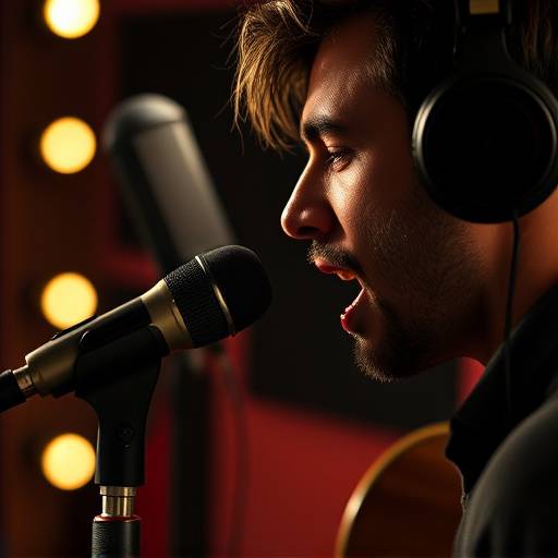 Close-up shot of a musician recording vocals in our studio, recording an album.