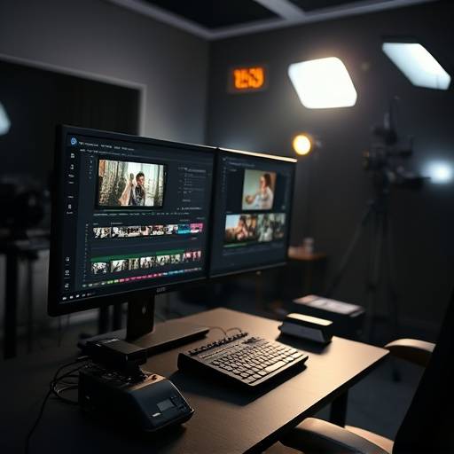 Editing suite with a monitor displaying video editing software, showcasing post-production services.
