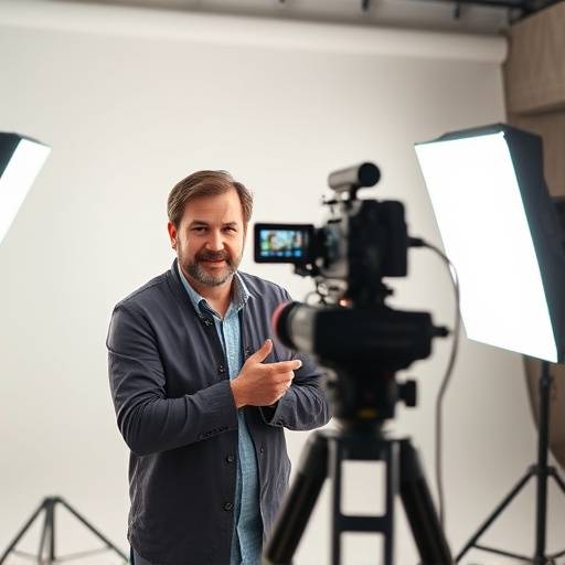 Photographer capturing a portrait in a studio setting, representing photography services.